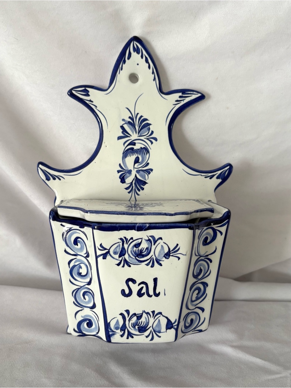 Vintage white blue ceramic salt cellar holder wall hanging Portugal home decor - Picture 5 of 7
